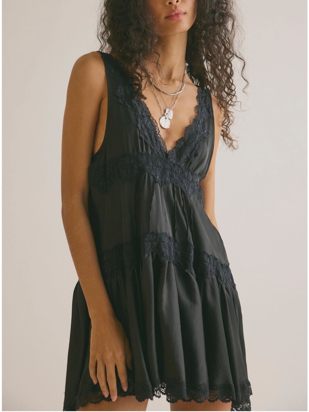 Free People In This Groove Mini Slip Dress Medium Black NWT Lace ruffle tiered